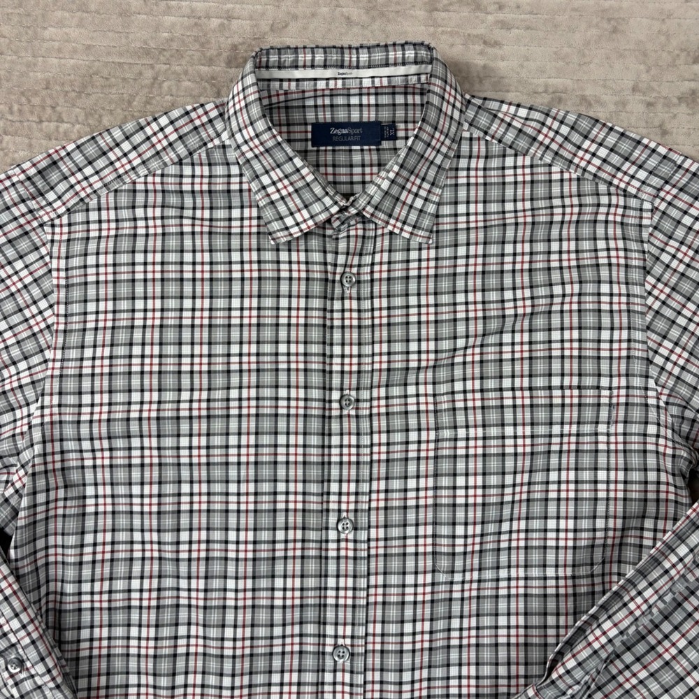 Zegna Sport Mens Regular Fit Plaid Button Down Shirt Grey Red XL
